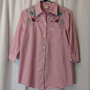 Blair Pink Striped Rose Embroidered Top Sz S